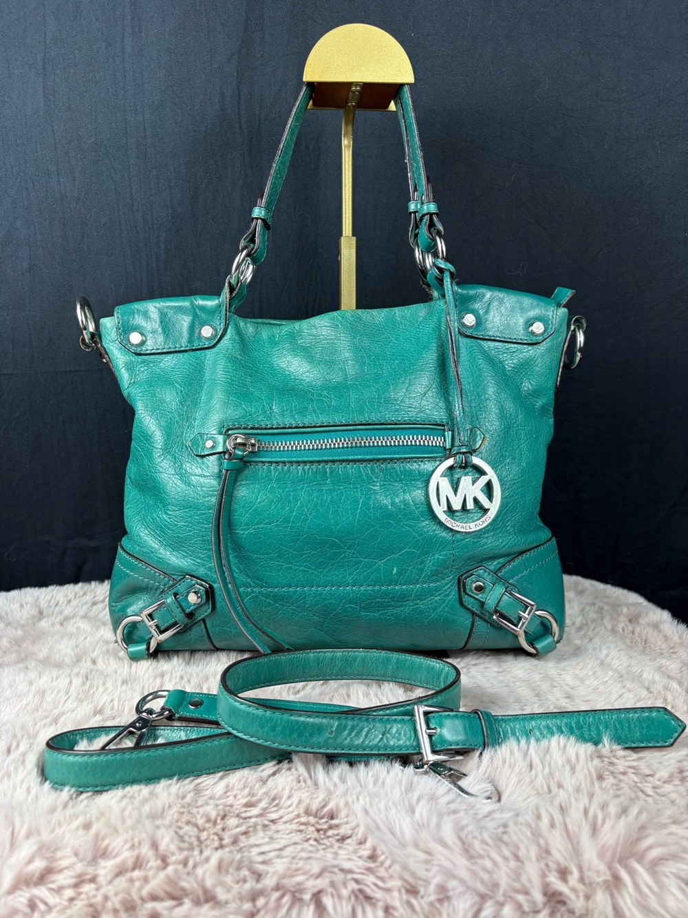 Michael Kors Fallon Medium Leather Satchel in Aqua Green